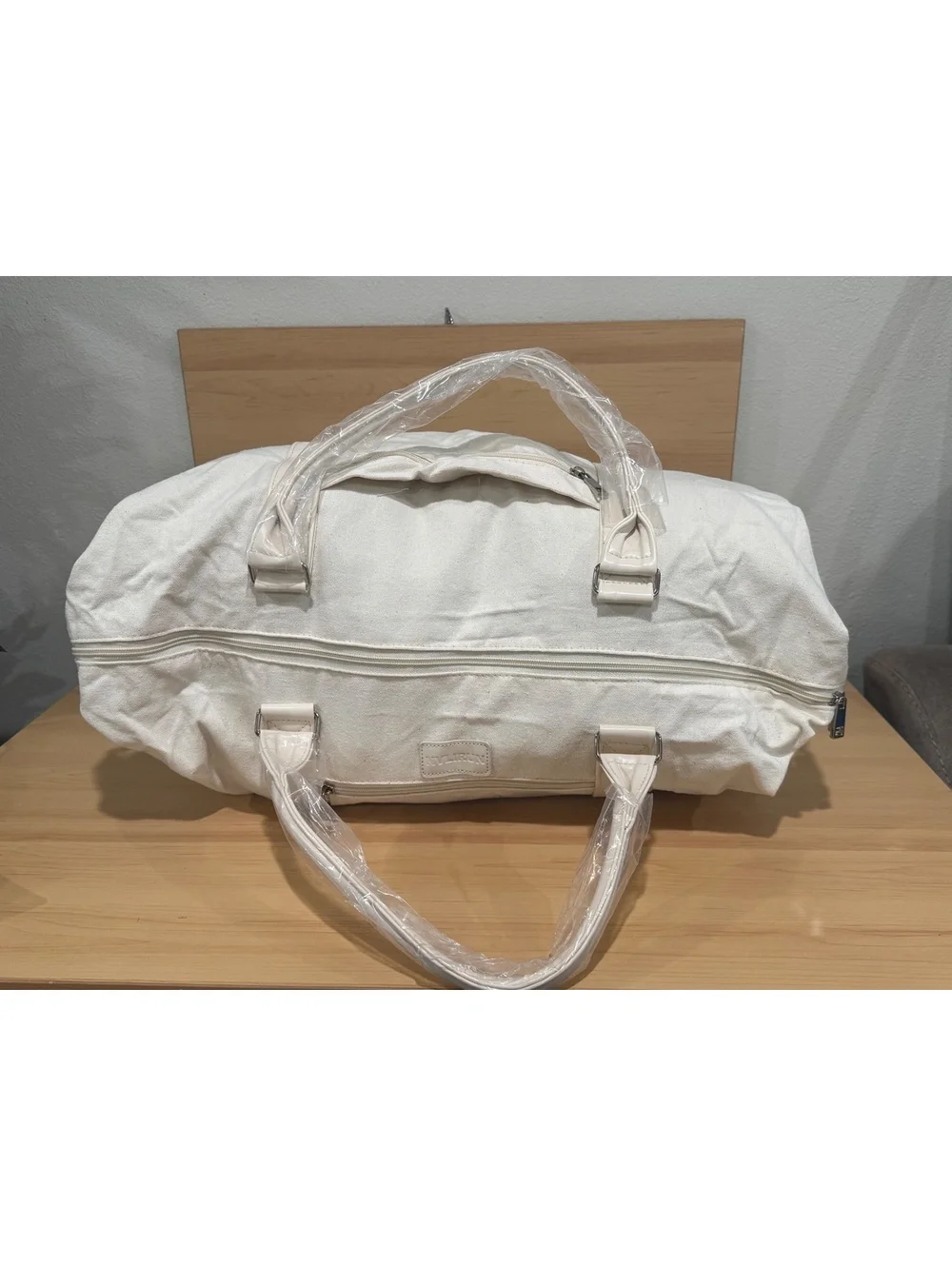 White Canvas and Faux Leather Weekender Duffel Bag with Pouch and Strap